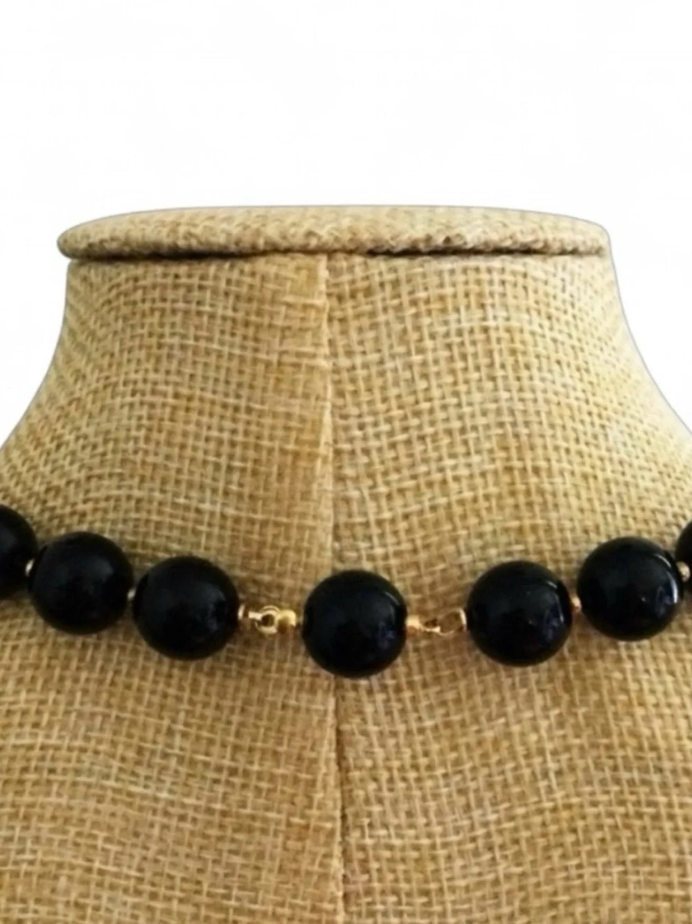Vintage Black Lucite Necklace - Gold‑Tone Spacers, Hidden Clasp, 16.5